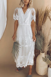 Vestido largo de manga corta con escote en V y encaje con botones
